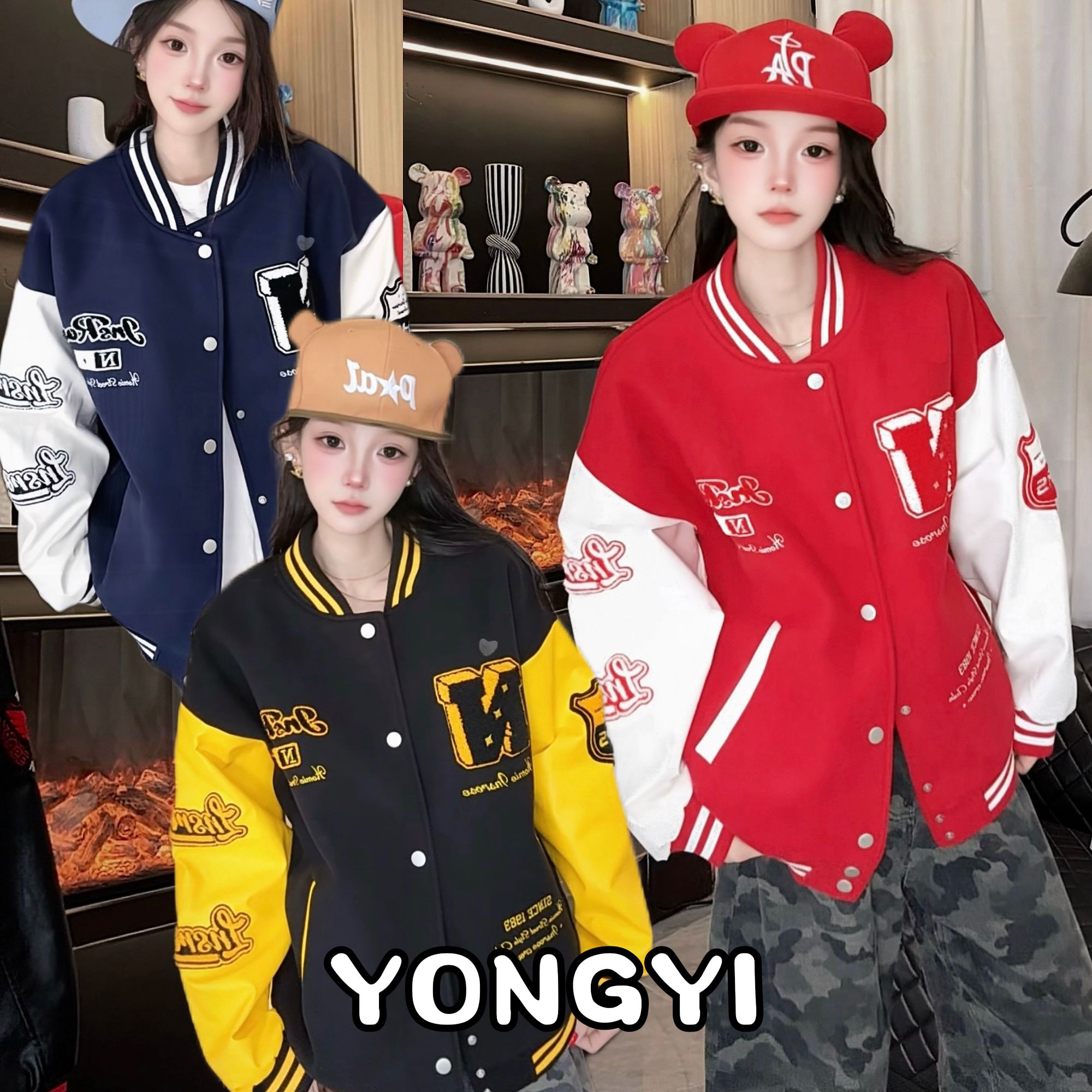 美式国潮重磅棒球服立体毛巾刺绣拼色夹棉棒球服夹克外套男女款