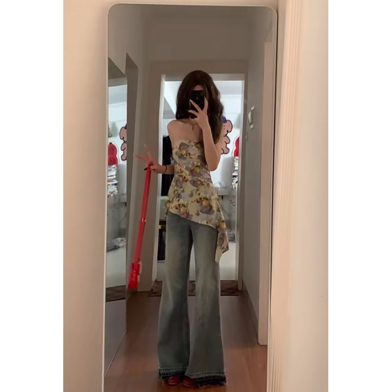 盐系轻熟风辣妹气质收腰显瘦碎花抹胸上衣高腰直筒做旧休闲牛仔裤