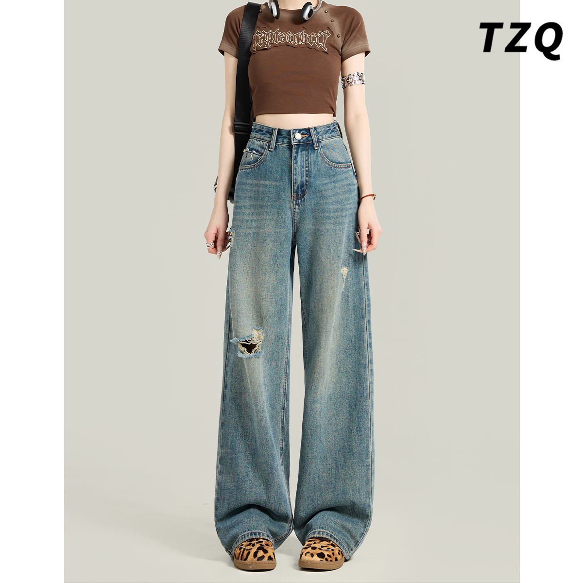 美式复古破洞牛仔裤女2025夏季新款高腰宽松显瘦阔腿裤TZQ2531420
