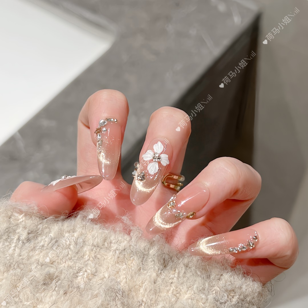 【花瓣月影】纯手工穿戴甲猫眼美甲贴片光疗甲春季可拆卸10片装