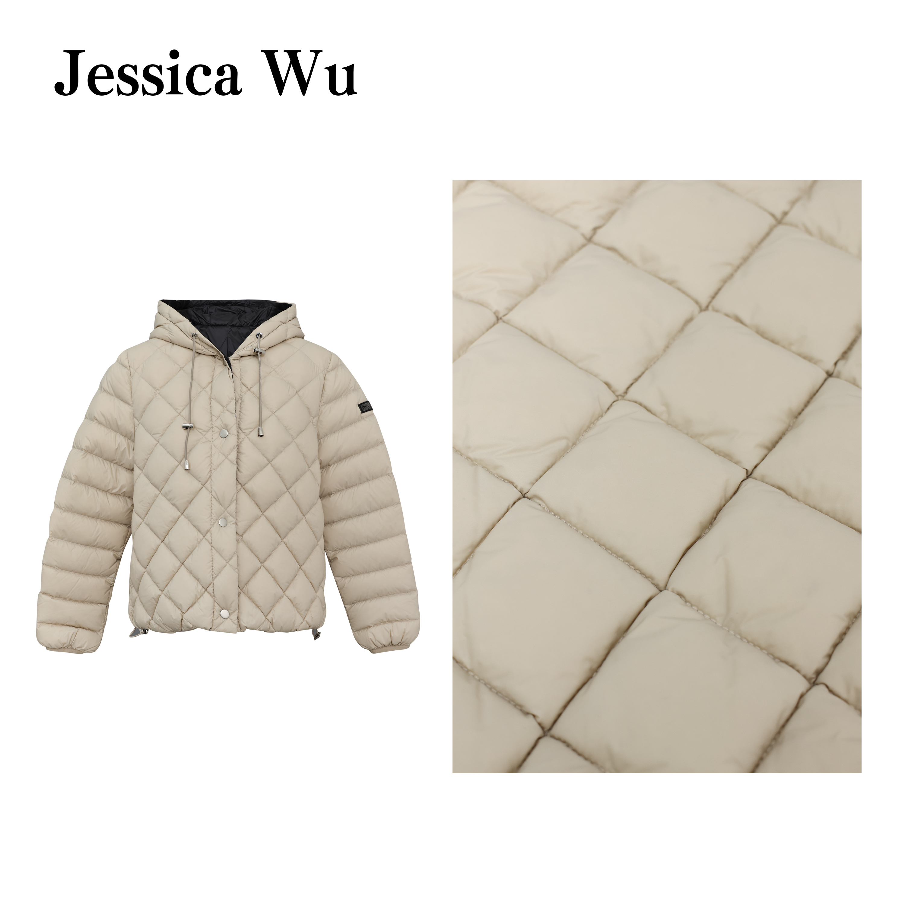 旦旦秋冬BC系列手工珠链轻盈保暖纤缝菱格抽绳连帽鹅绒服MR05030