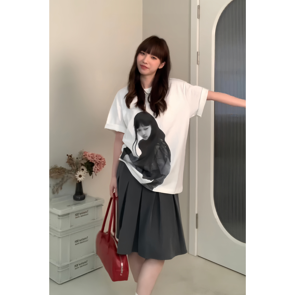 【清苍 】美式复古纯棉时尚遮肉显瘦休闲印花宽松短袖