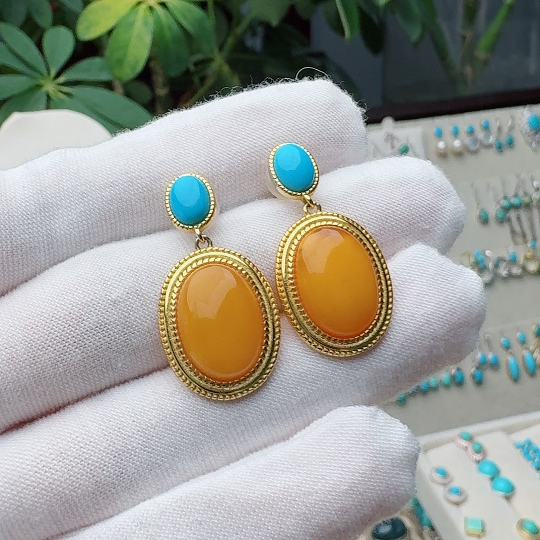 绿松石银S925镀金镶嵌耳饰耳环