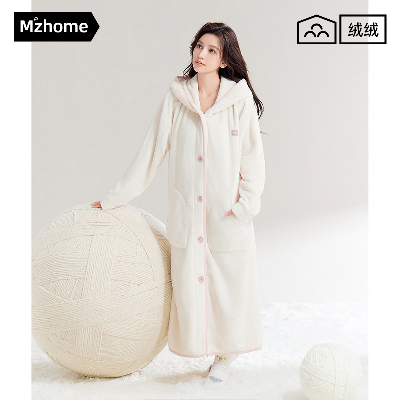 连帽睡袍女生秋冬季加厚保暖新款法兰绒睡衣家居服浴袍长款