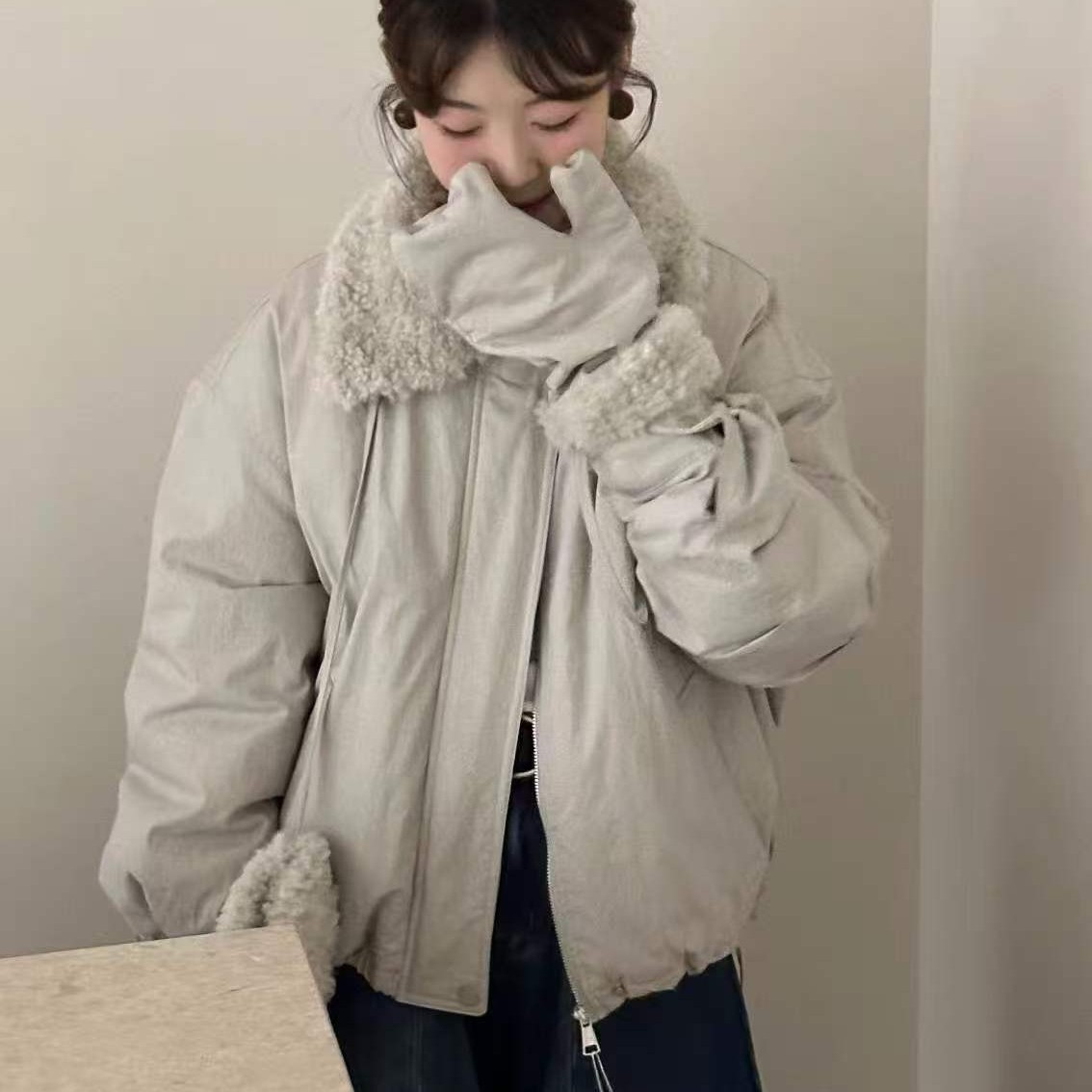 （3538）冬季新款毛领羽绒外套韩系拼接翻领保暖派克服小手套两件套