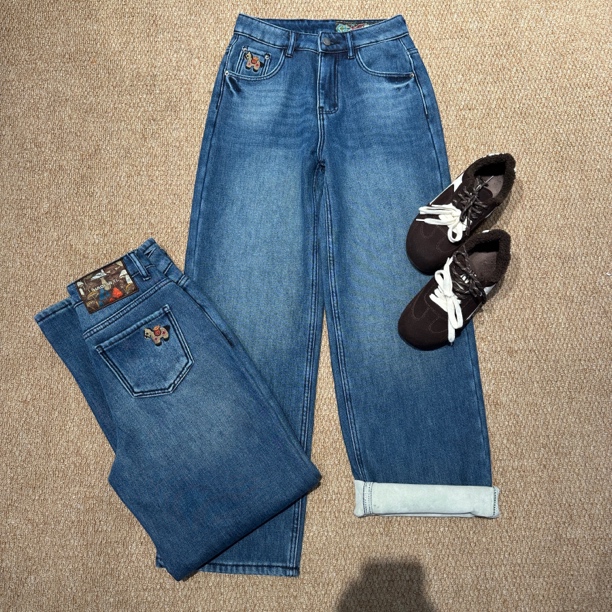 冬季加绒加厚高腰显瘦直筒牛仔裤女弹力百搭刺绣8099