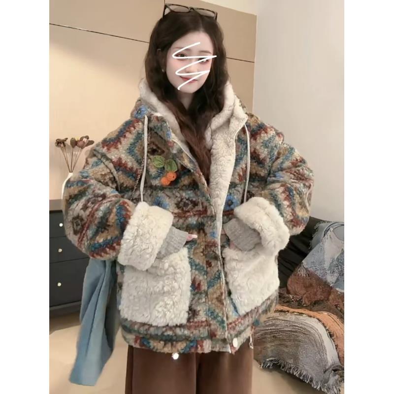 韩版气质复古撞色外套女装2025初冬新款两穿加厚棉衣