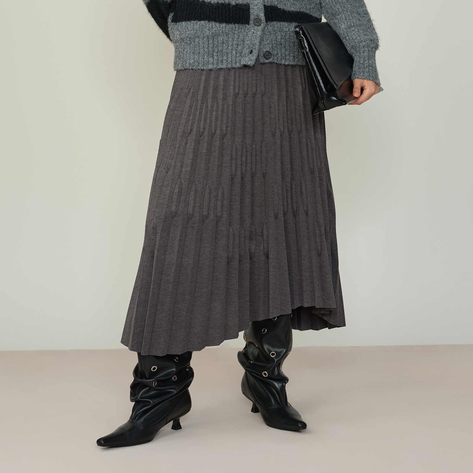 叙函简约百褶伞裙女25冬季新款松紧腰灰色百搭不规则半身裙