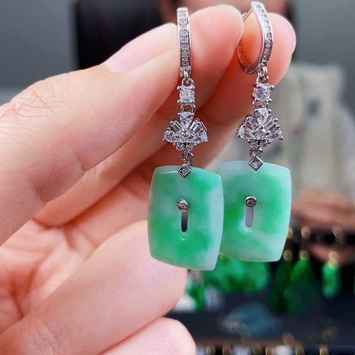 翡翠耳饰银S925镶嵌饰品