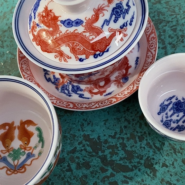 摆件陶水**鋼红稀土矾红九龙马蹄盖碗