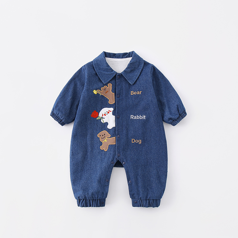 新款秋款双层牛仔小狗哈衣可爱风春秋爬服通用休闲风哈衣幼儿秋季