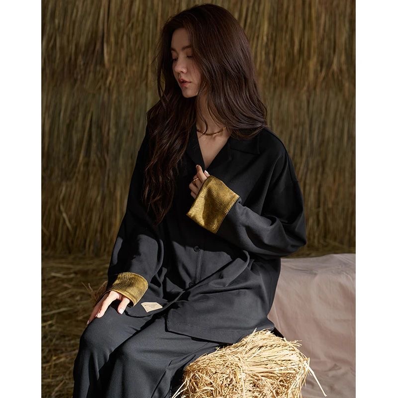 睡衣女春秋老钱风高档慵懒黑色可外穿小众家居服套装女士ins睡衣