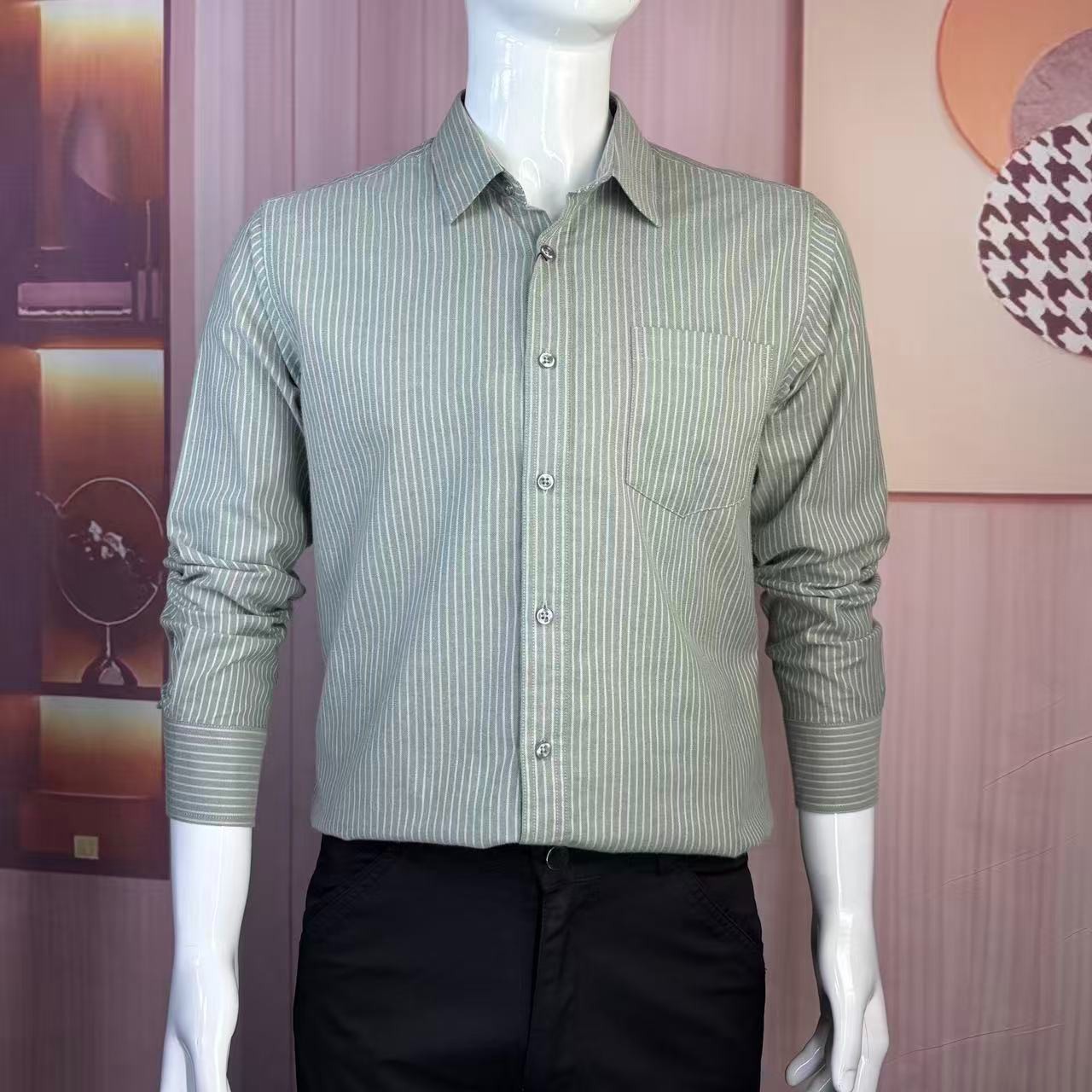 秋季男款透气商务休闲衬衫男士长袖纯棉牛津纺蓝色竖条纹衬衣