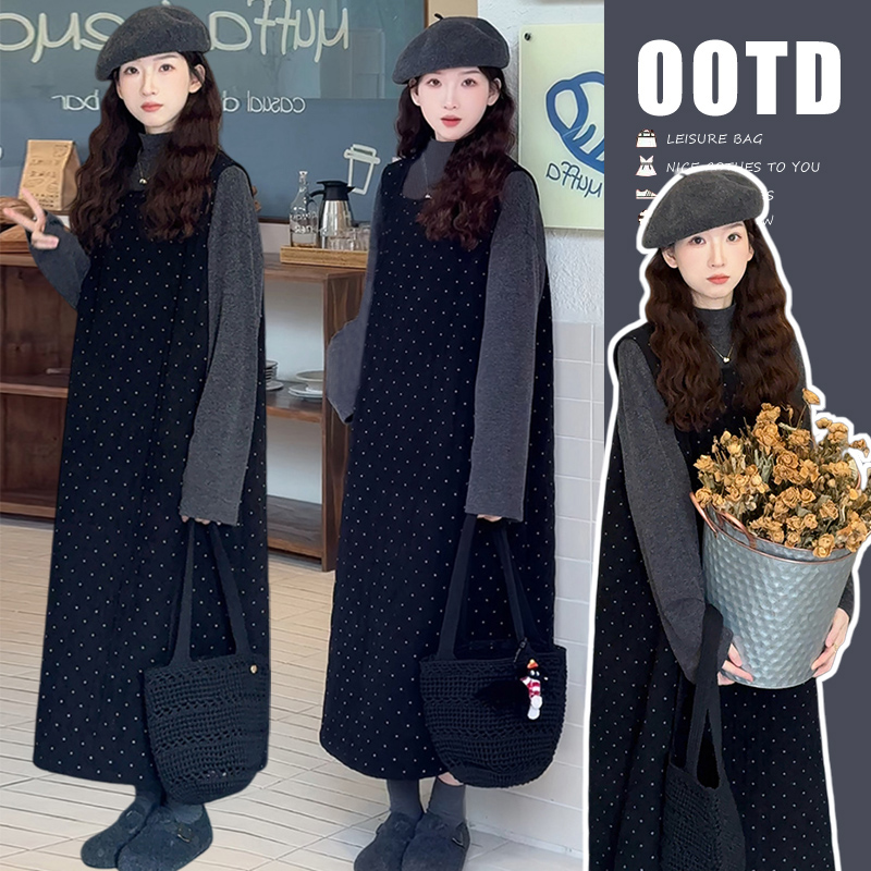 YNVO~孕妇秋冬套装韩版时尚宽松针织打底衫+加棉背心裙两件套裙