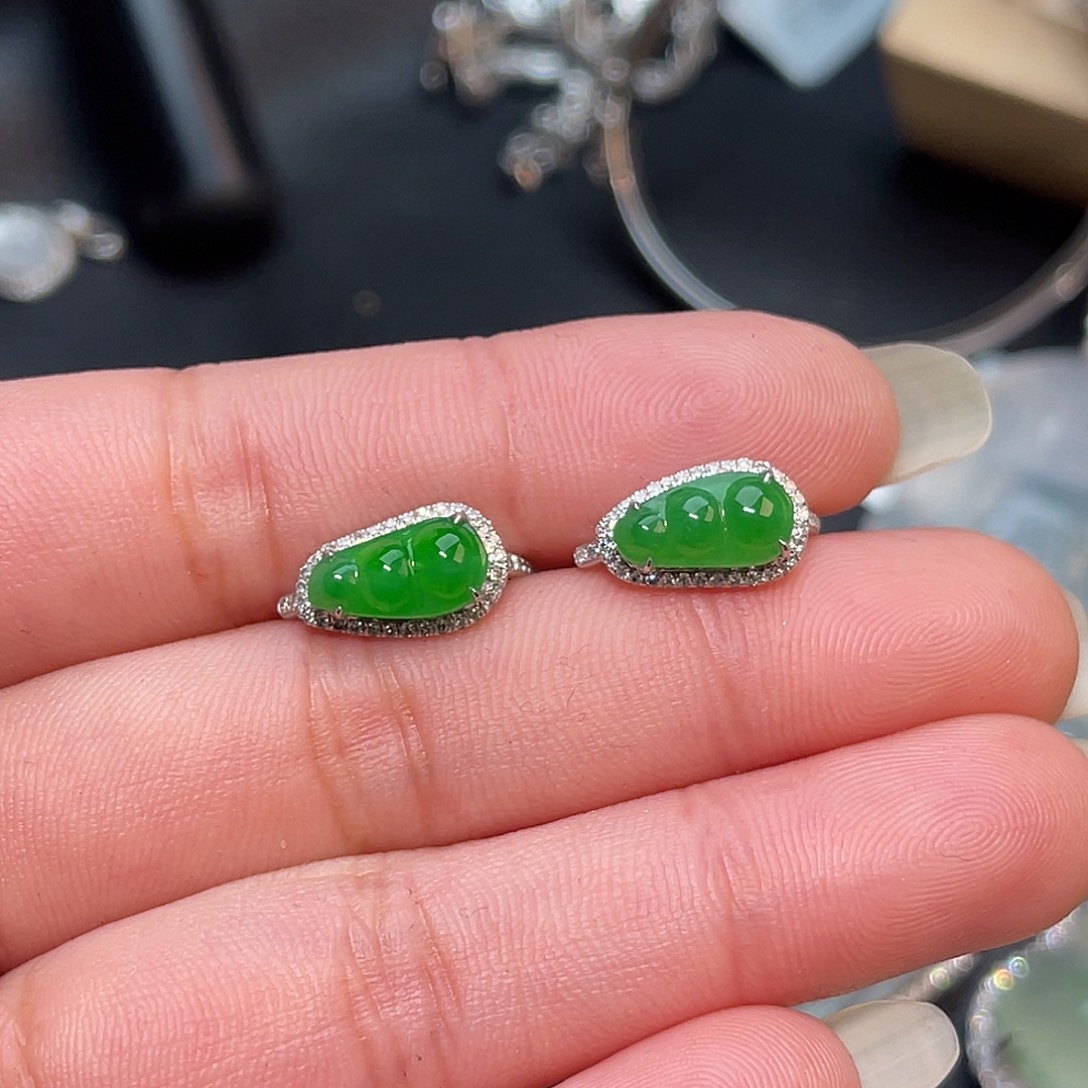 翡翠18K金镶嵌耳饰豆子