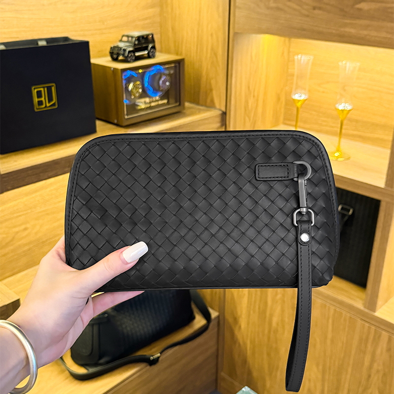 BV头层胎牛皮纯手工编织男士百搭手包手拿包商务休闲轻奢高端时尚