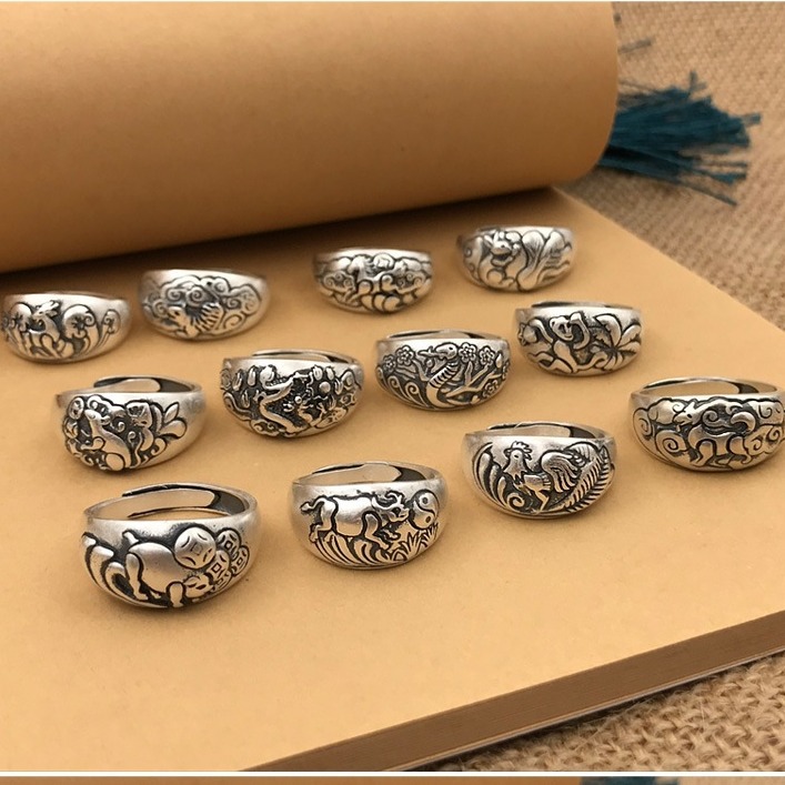 铜合金戒指 活口民族风指环十二生肖指戒复古款