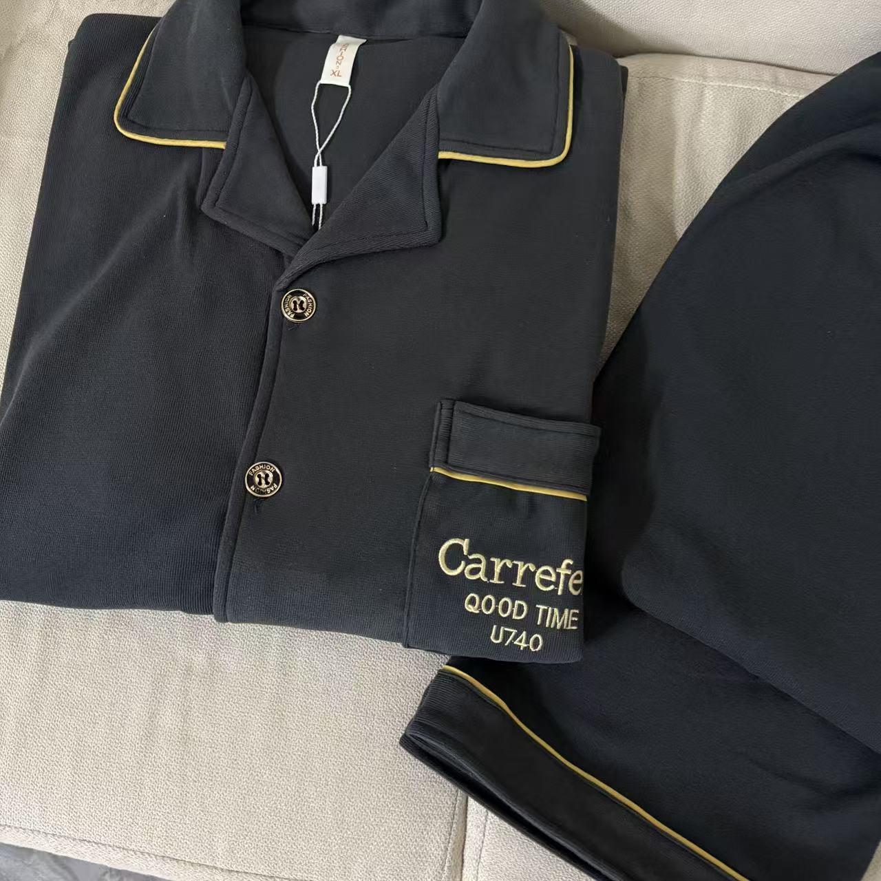 77-男士秋冬季黑口袋字母开衫家居服套装