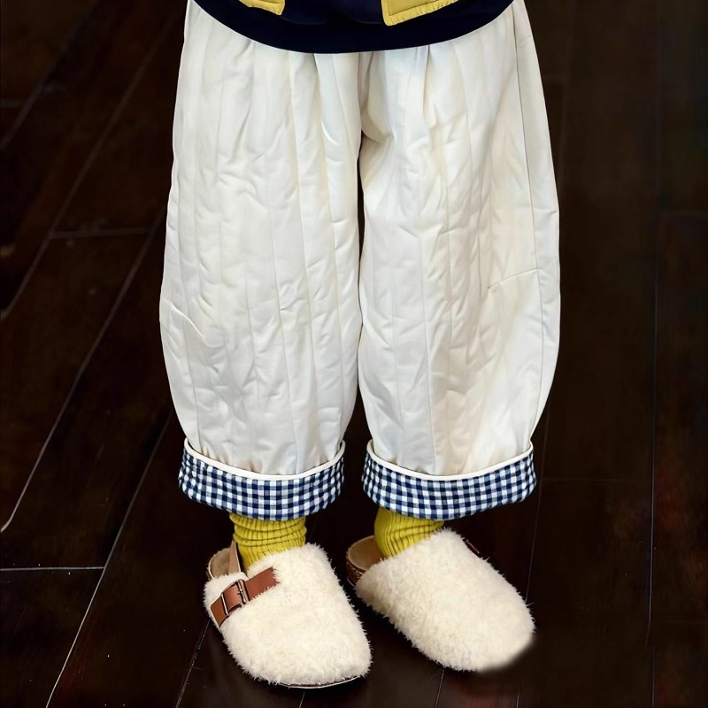 女童裤子秋冬2025新款洋气儿童格纹拼接保暖加厚长裤宝宝百搭棉裤
