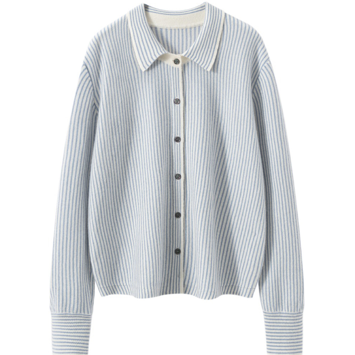 纯山羊绒条纹翻领宽松百搭针织开衫外套秋冬