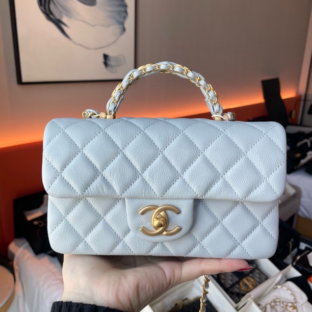 99新 Chanel/香奈儿 25B淡蓝色金扣荔枝牛手柄经典大mini
