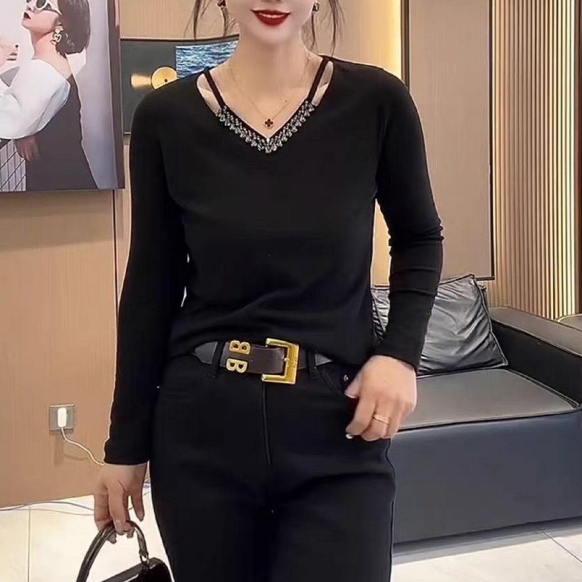超美长袖V领打底衫显瘦时尚百搭减龄T恤水钻慕斯绒洋气显瘦8120
