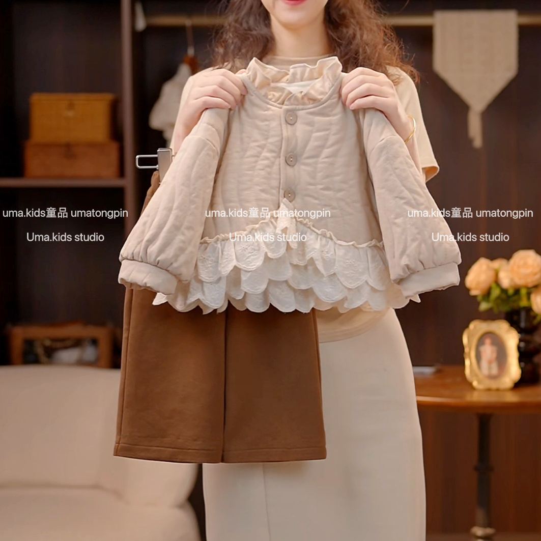 单排扣厚款女冬季千金风秋冬套装女童花边棉服套装