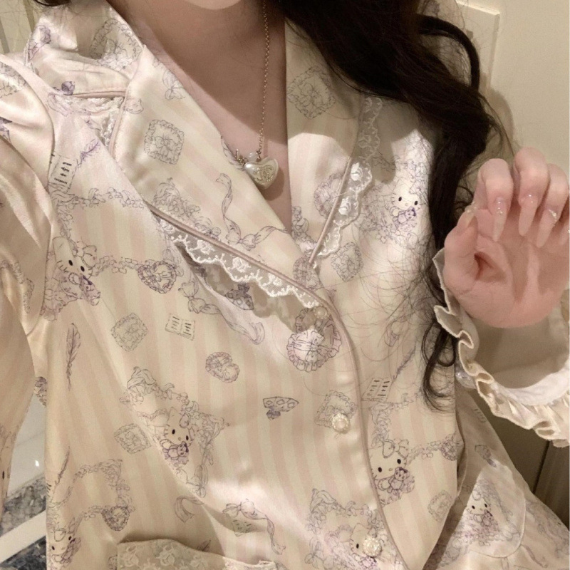 可爱少女KT丨春秋新款冰丝睡衣家居服女缎面印花可爱少女可外穿