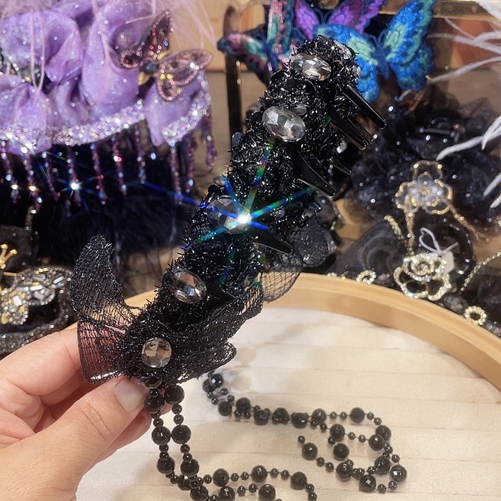 布艺铁合金黑色防滑尺发箍带流苏款