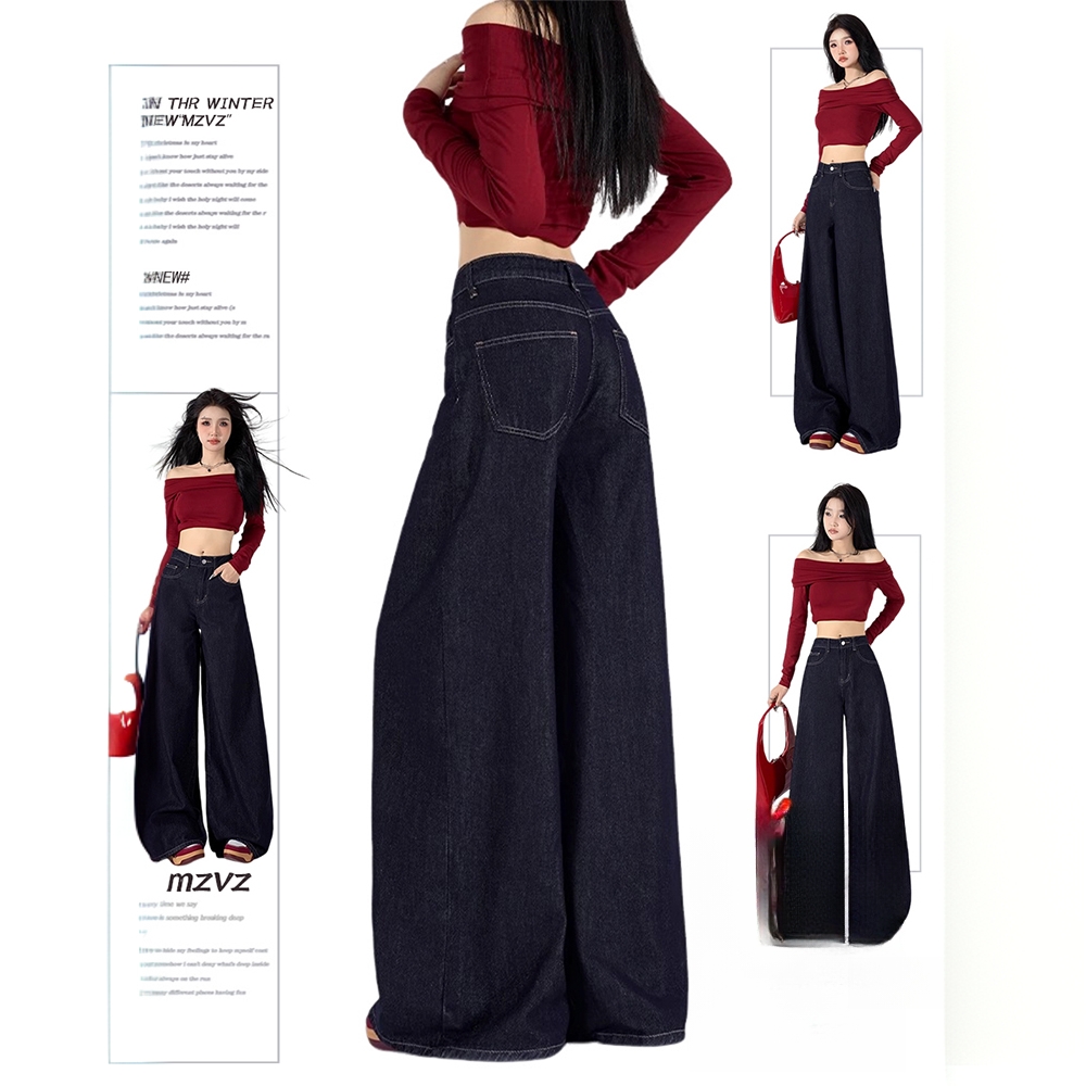 【清仓+运费险】美式复古丹宁蓝阔腿牛仔裤女冬季高腰显瘦宽松裤