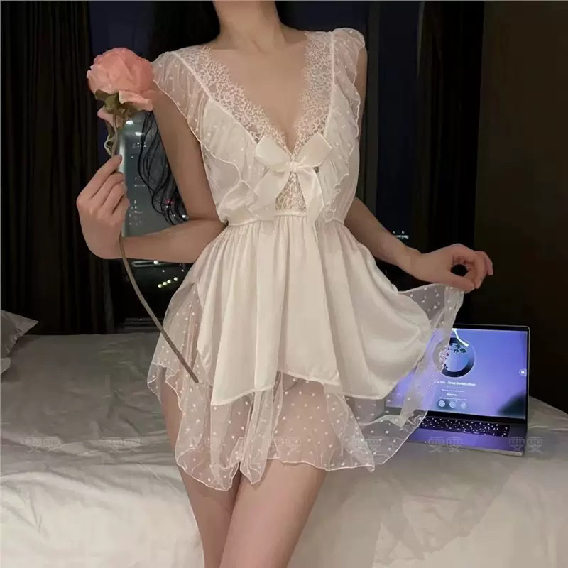 邂逅·【温柔杀手】纯欲丝滑吊带睡衣性感镂空露背蕾丝蝴蝶结女睡衣