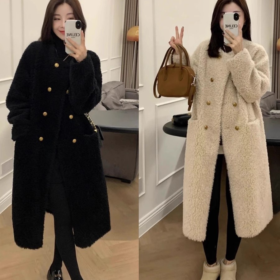 大码双排扣羊羔绒大衣女冬季2025新款皮毛一体百搭中长款加厚外套