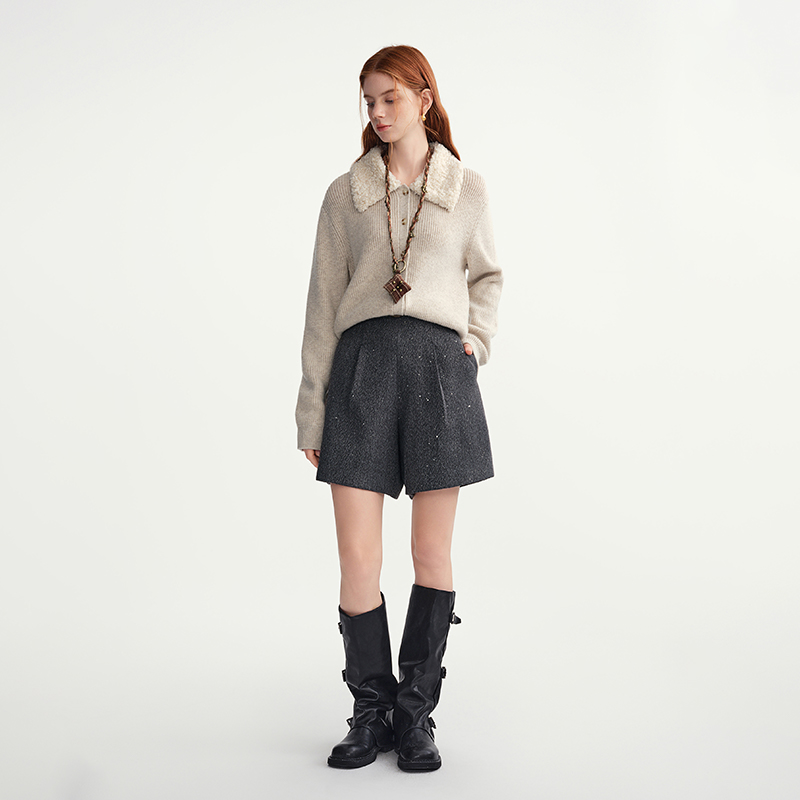 独束大码女装【繁星亮片】细闪毛呢短裤新款高腰短装裤子25DS84374