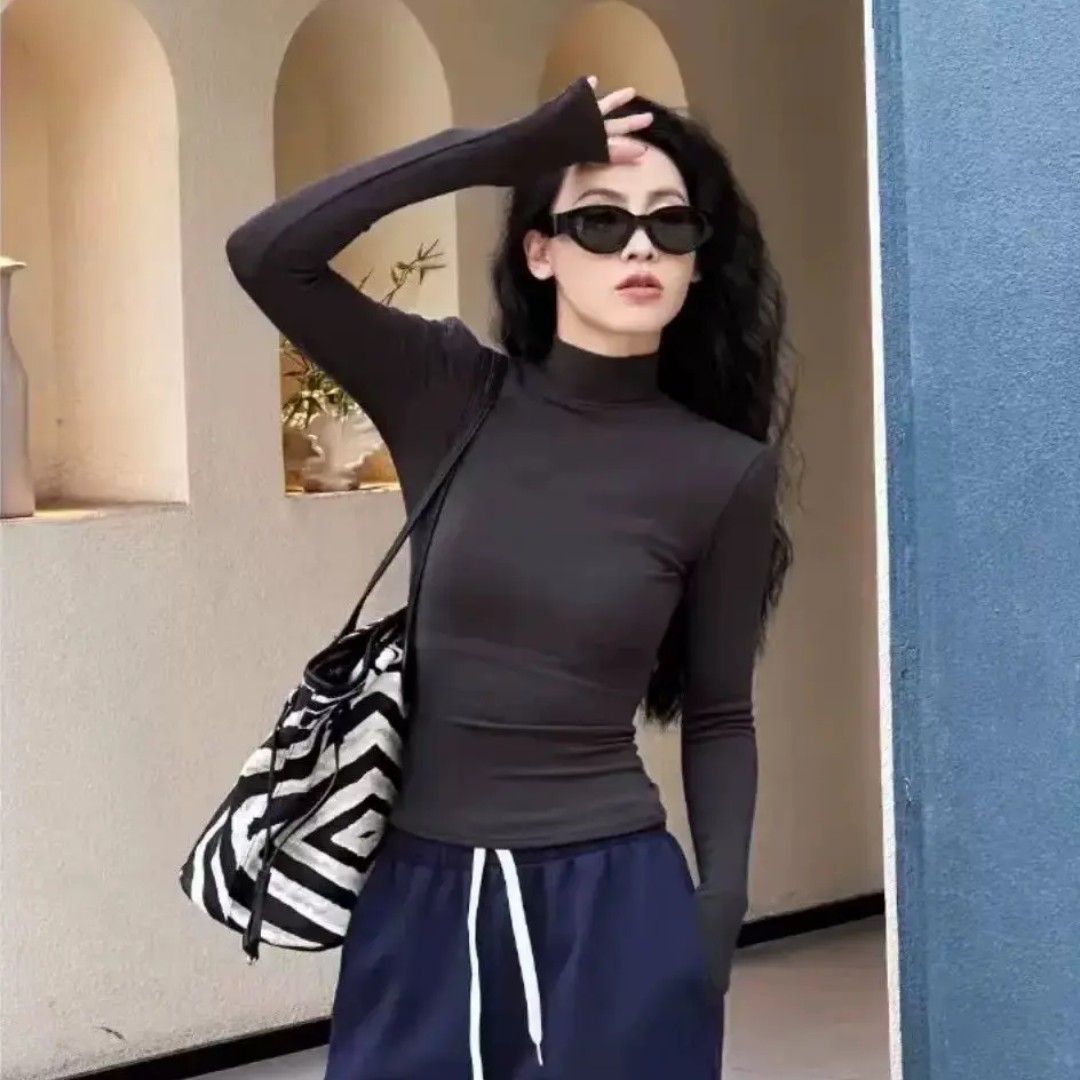 秋冬新款中领打底衫女短款修身显瘦加绒保暖