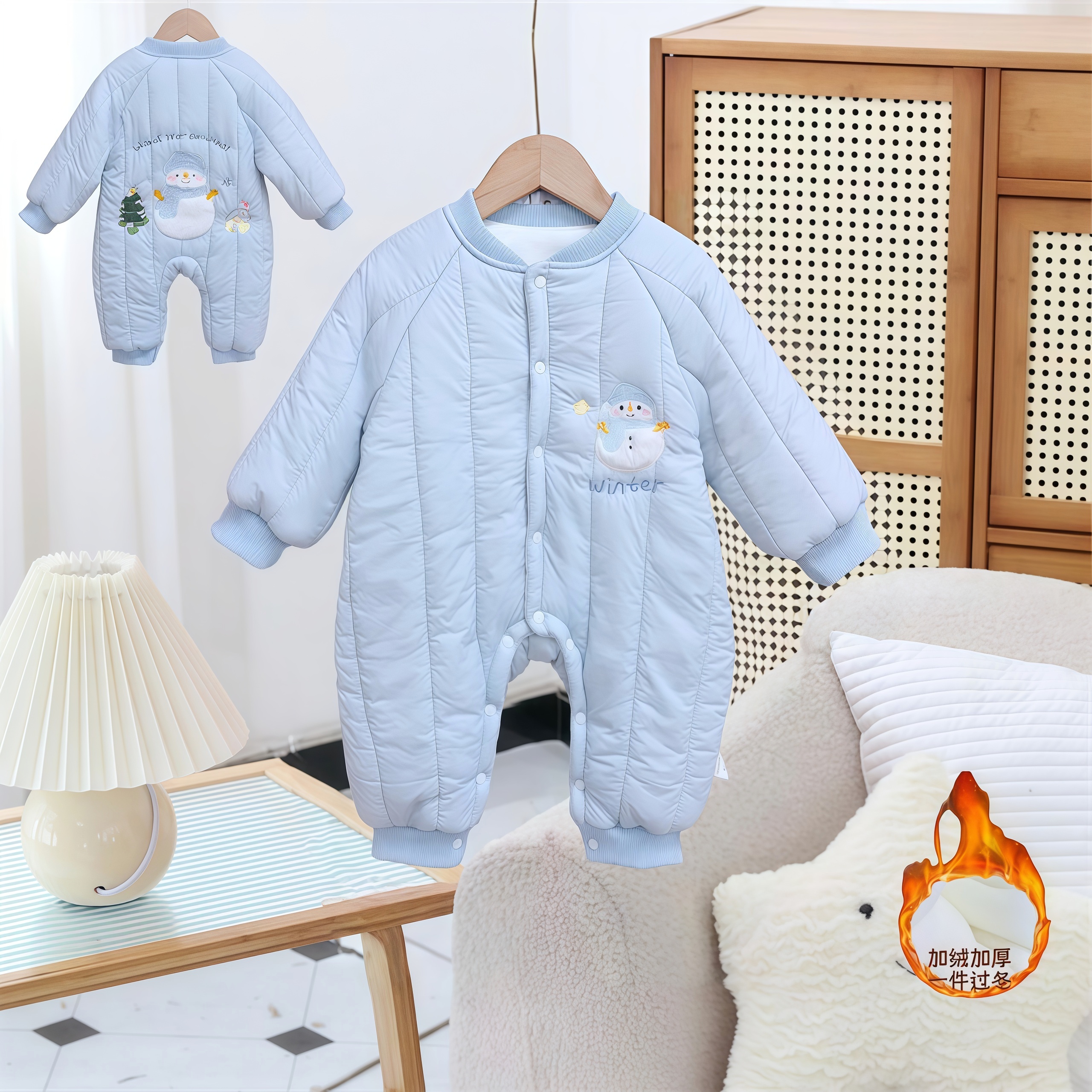 J新款加绒加厚男女宝重工刺绣小雪人满月百天周岁外出连体哈衣D62