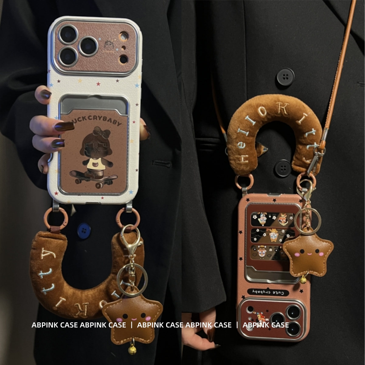 复古棕镜面哭娃卡包皮纹手腕带适用iPhone17ProMax苹果16手机壳15