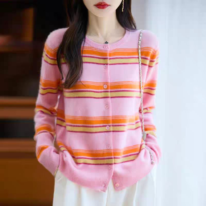 100%纯羊毛开衫女秋冬新款宽松条纹圆领外套百搭针织拼色羊毛上衣