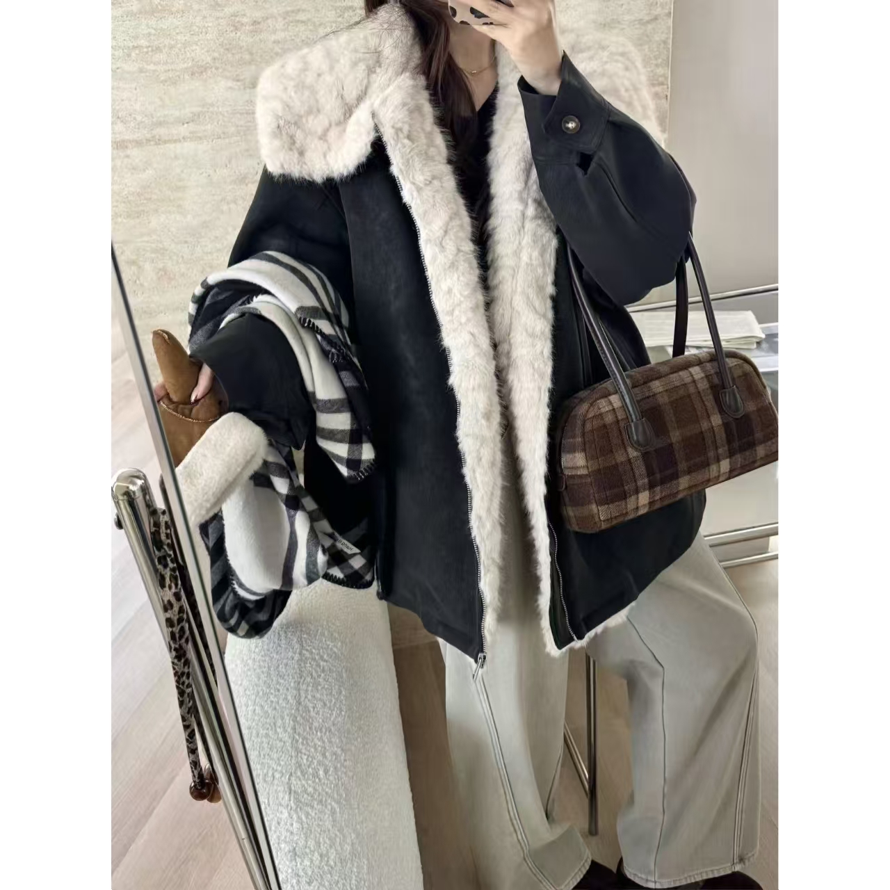 SP 【冬日暖阳】皮c草大毛领羽绒派克服皮衣中长款外套