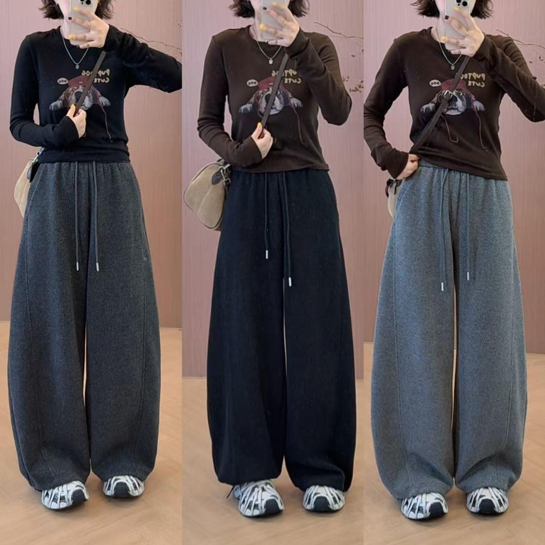 2025秋冬季加绒弯刀休闲裤女高腰显瘦宽松阔腿裤遮胯保暖长裤子女