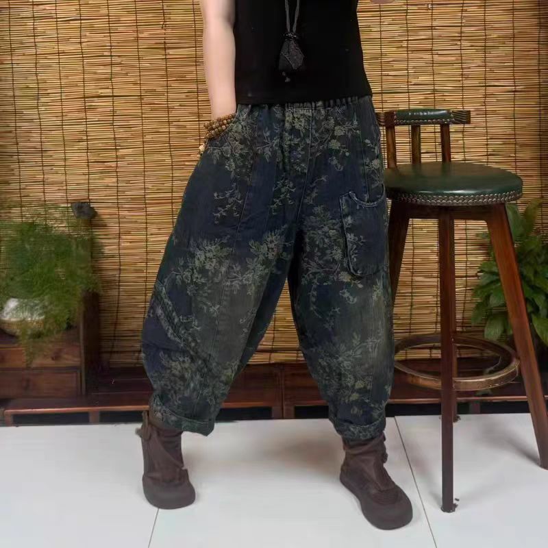 冬季复古宽松炒色水洗提花加绒牛仔裤