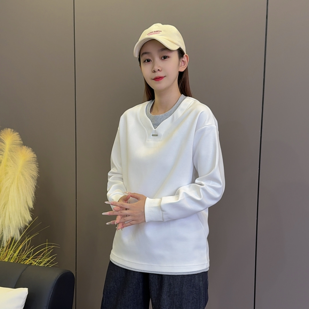 长袖假两件剪刀领纯色t恤男秋冬新款休闲宽松卫衣简约百搭上衣