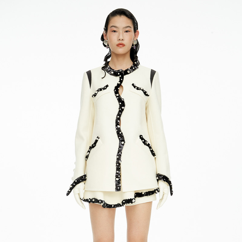 【陈大可专属】lefame拉飞姆冬季新款珠片缎面双面呢撞色羊毛外套