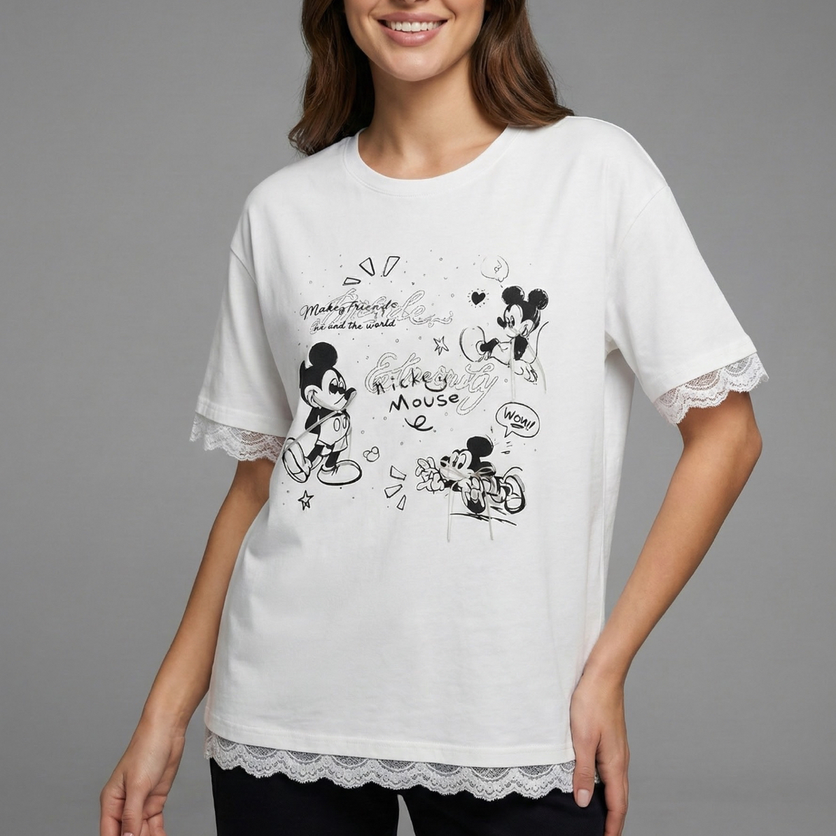 定制不支持7天无理由-米奇印花烫钻减龄T恤短袖9719