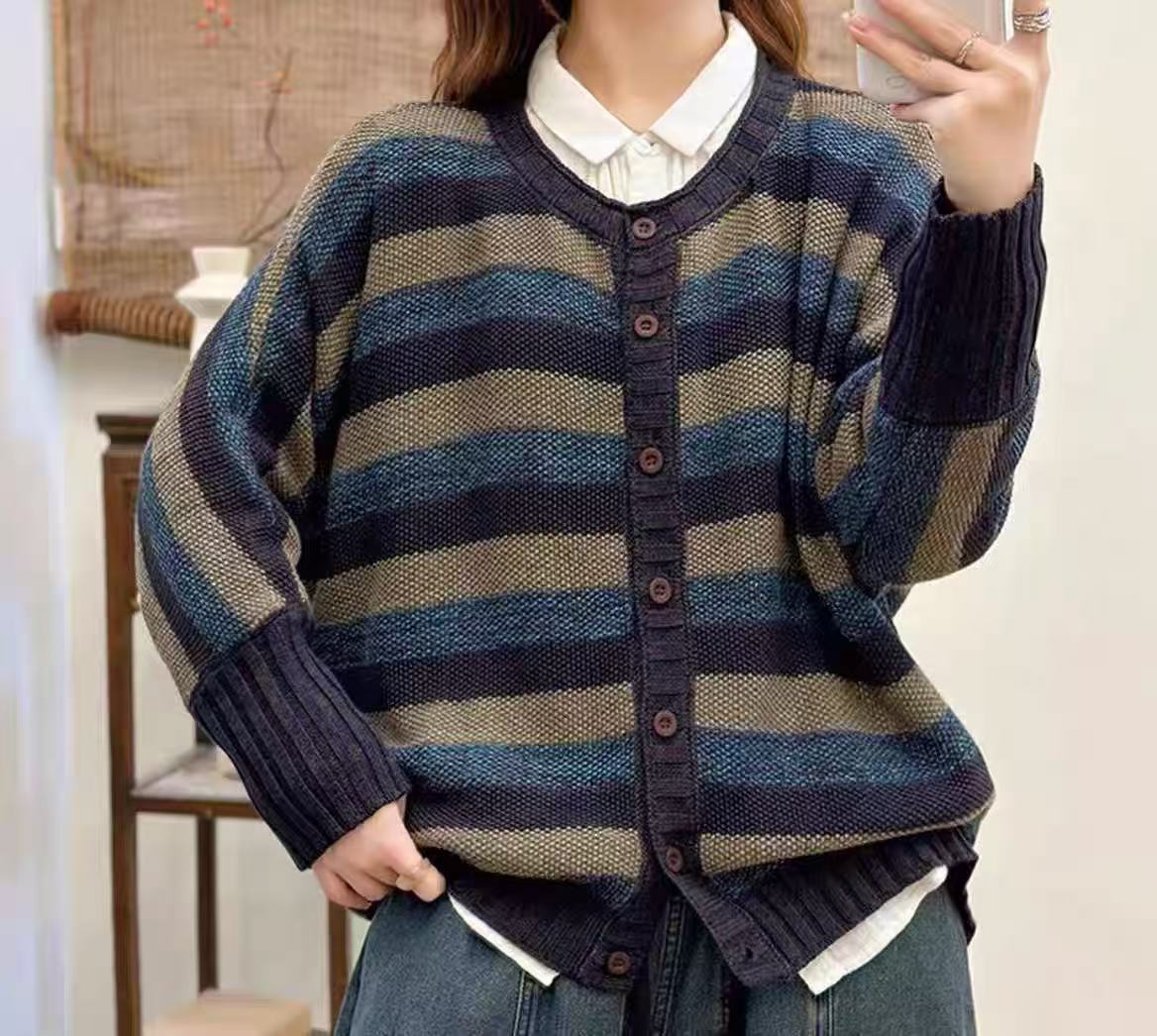 女毛针织衫韩版软糯条纹针织开衫上衣百搭秋冬衫