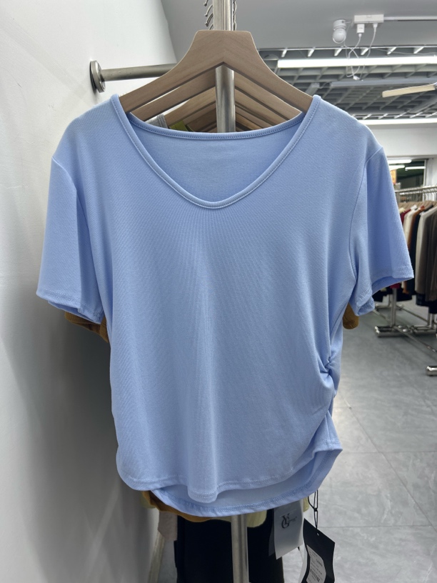 小清新纯欲T恤V领简约宽松型均码圆领时尚短袖褶皱