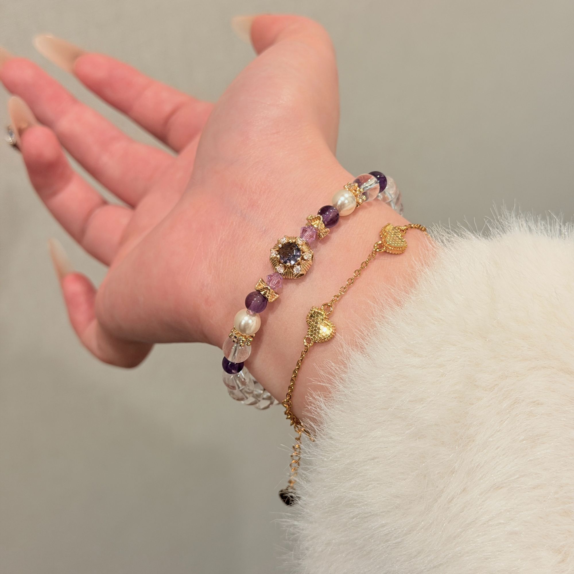 【小紫微星】原创6mm天然白水晶紫水晶紫色多巴胺气质镶嵌配饰手串