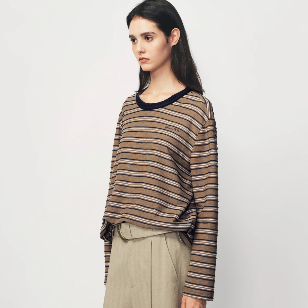 AVVENN立体条纹logo撞色卷边长袖宽松T恤