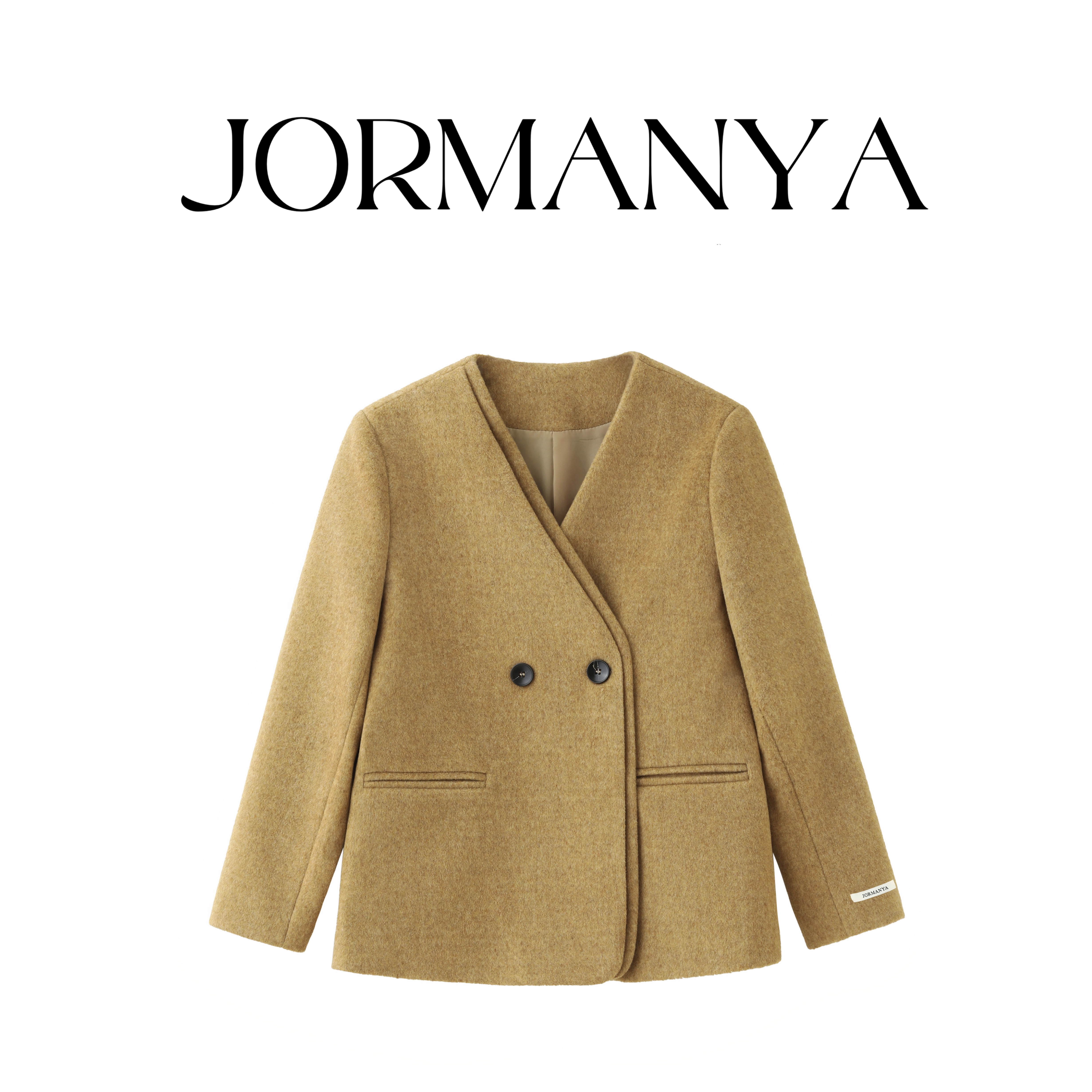 “V领双门襟”流沙金羊毛呢双排两粒扣气质通勤大衣Z902