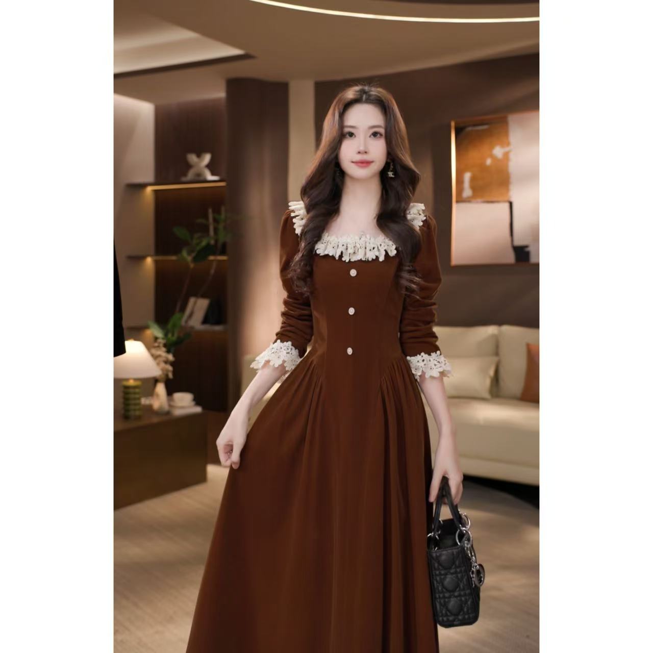 晓西-新款复古法式小香风连衣裙气质显瘦收腰长裙子-59659Q