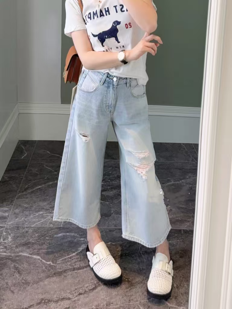 SU【221】花87 愫玥  夏季薄款破洞小个子八分裤2025新款宽松浅蓝~